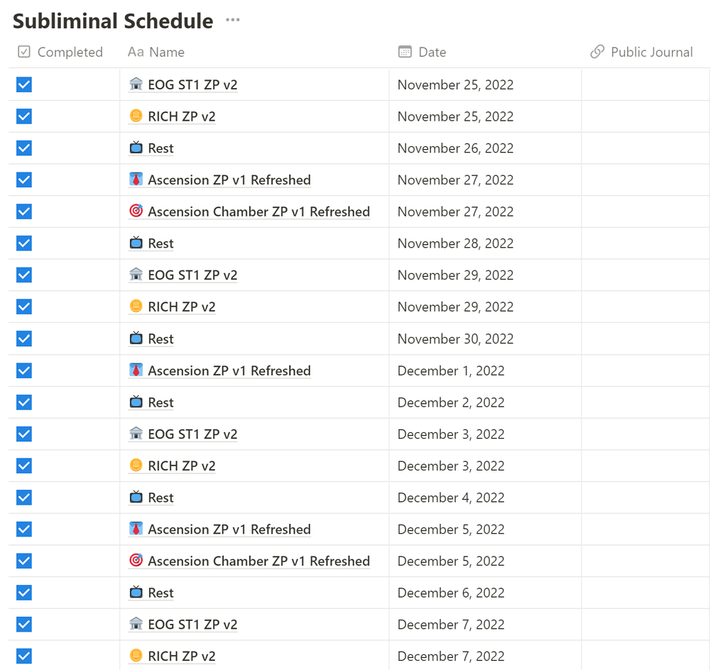 Subliminal Schedule - Table View