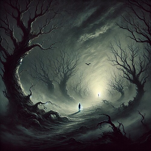 DALL·E 2025-03-07 11.18.41 - A dark, eerie landscape representing the 'Dark Night of the Soul.' The scene is filled with twisted, barren trees, heavy fog, and a sense of desolatio