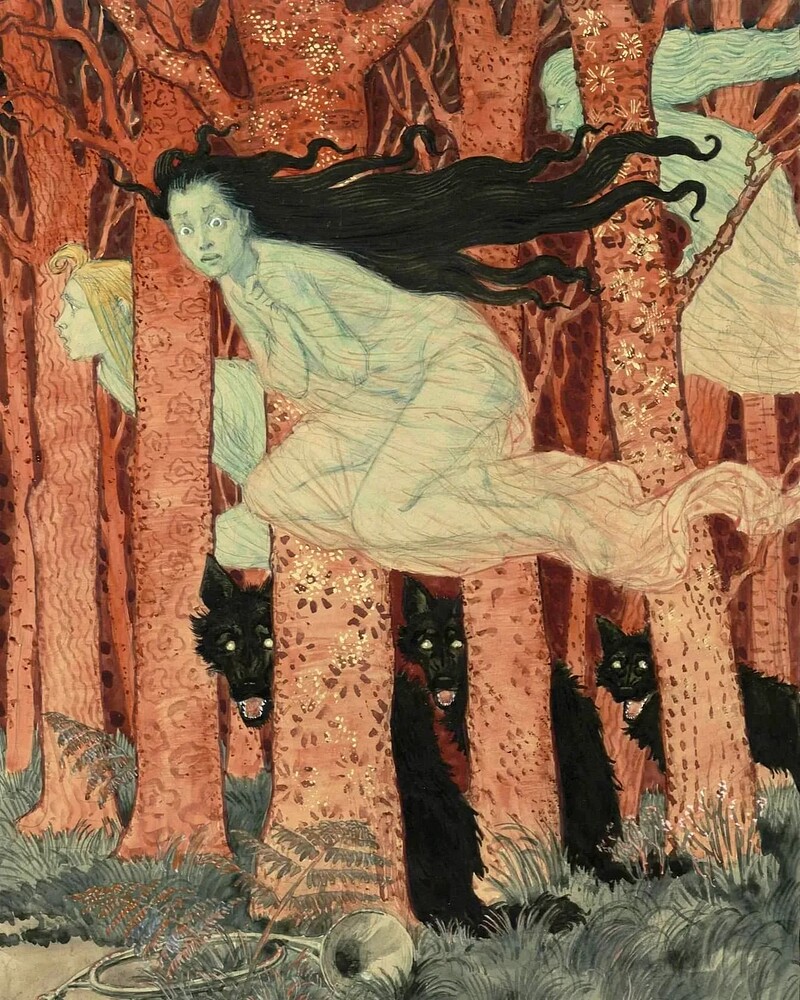 Three Witches and Three Wolves - 1900 - Painted by Eugène Grasset