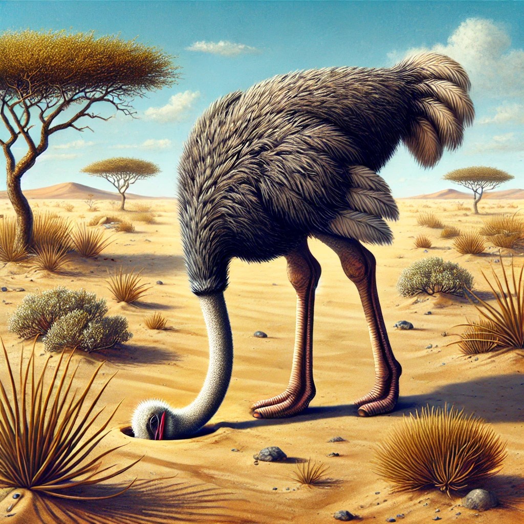 DALL·E 2024-11-19 10.45.33 - A humorous and detailed illustration of an ostrich in a desert landscape with its head fully buried underground, leaving only its neck and body visibl