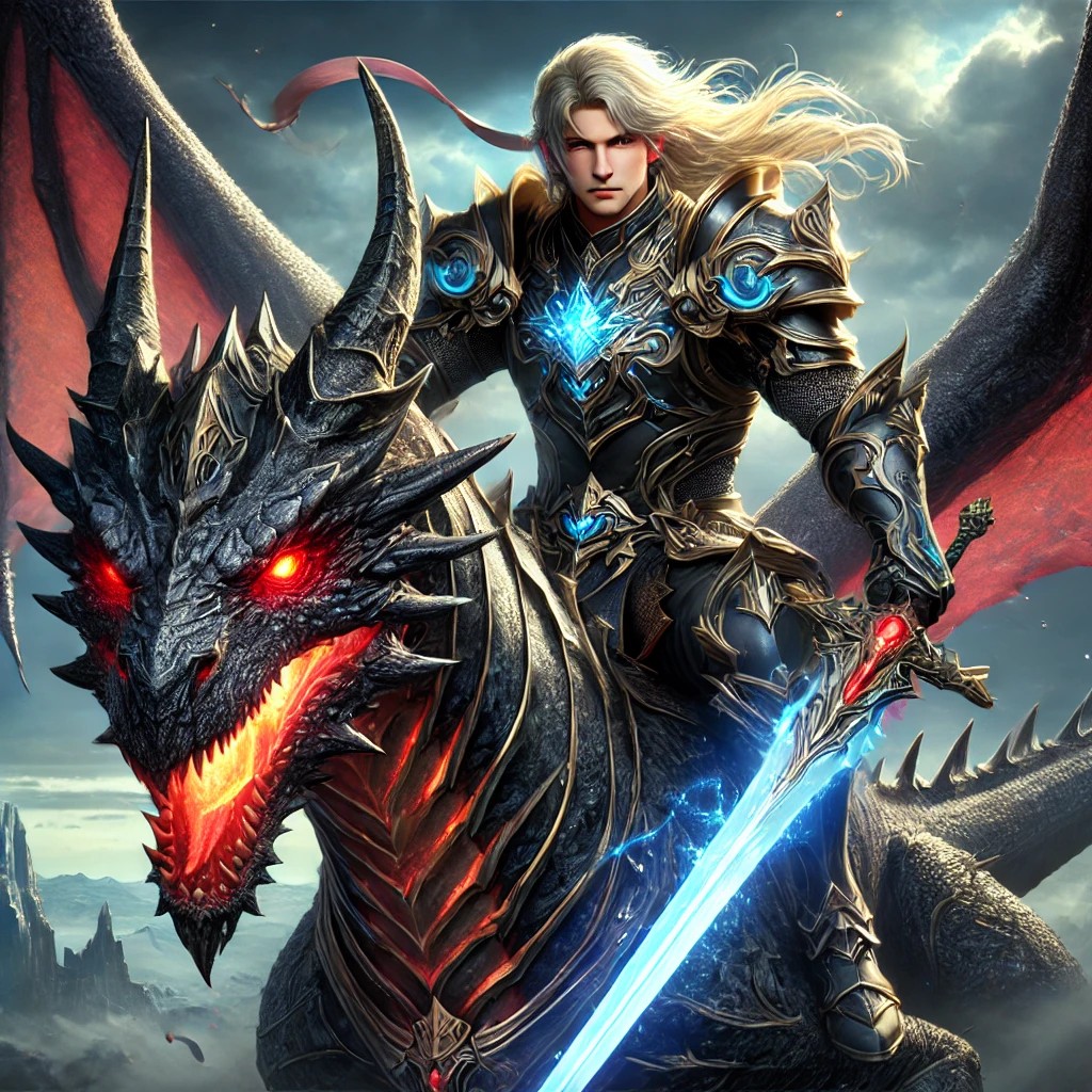 DALL·E 2024-11-21 12.54.58 - A male warrior with long blonde hair and piercing blue eyes, wearing radiant, bright armor. He is riding a massive, fearsome black dragon with glowing